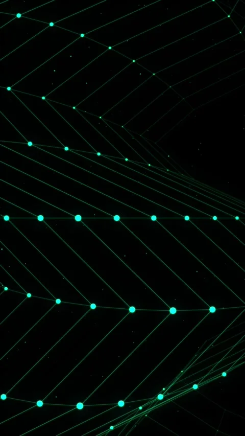 Zigzag Dot Grid Chevron Pattern, Cyan Green Wireframe Waves on Black Background Video stock 332739375