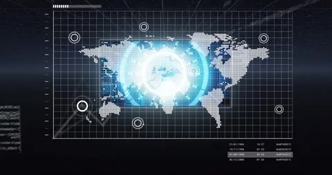 Zigzag line appearing triggers map HUD animating; nodes pulsing, radar rotating, Stock Footage 329899089