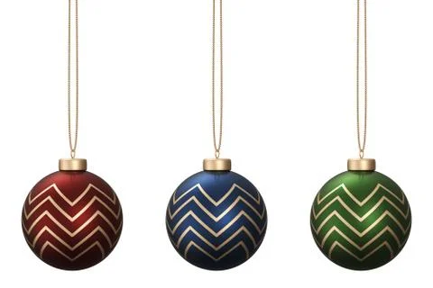 Zigzag patterned dark christmas ball set hanging isolated on white background Foto stock