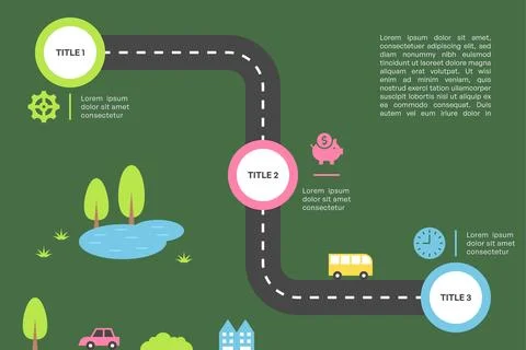 Zigzag Right Angle Roadmap Infographic with Three Steps and Nature Scene Vect Stock Illustration