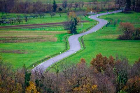 A zigzag road coming from the forest Stock Photos