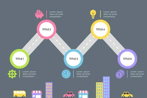 Zigzag Roadmap Infographic with Five Steps and Cityscape Stock Illustration