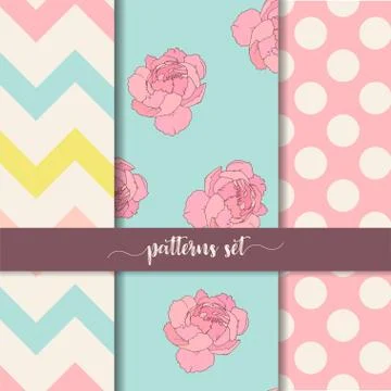 Zigzag, rose, dot vertical seamless patterns set Stock Illustration