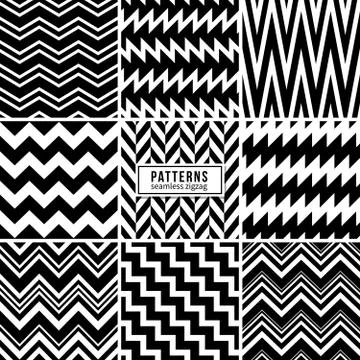 Zigzag vector patterns. Black and white regular striped geometric textures Stock Illustration