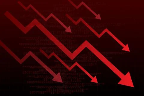 Zigzagging arrows falling over binary code, visualizing inflation, trade 스톡 일러스트