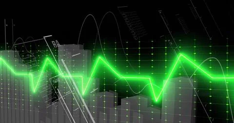 Zigzagging neon green line graph highlighting data trends on trading dashboar Stock Illustration