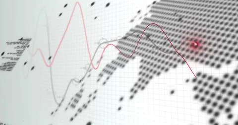 Zigzagging red waveform line traversing data visualization screen with map grid Stock Illustration