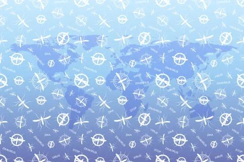 Zika virus pattern wallpapers with World Map. Zika virus mosquito bite Illustrazione stock