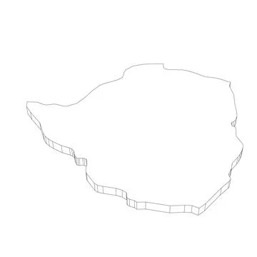 Zimbabwe - 3D black thin outline silhouette map of country area. Simple flat Stock Illustration