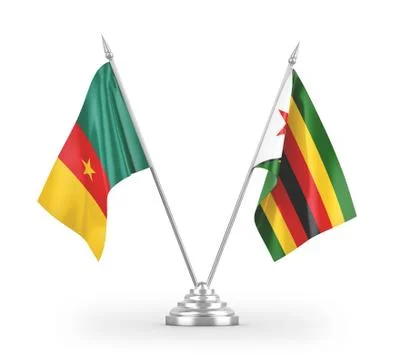 Zimbabwe and Cameroon table flags isolated on white 3D rendering Stock Illustration