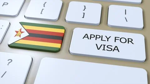 Zimbabwe, Apply for Visa Concept. Button Push 3D Illustration. Visa Apply for Illustrazione stock