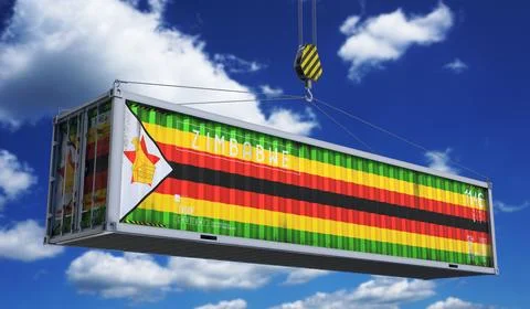 Zimbabwe - cargo container hanging on crane for international trade and log.. 库存插图