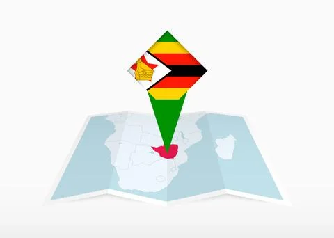 Zimbabwe is depicted on a folded paper map and pinned location marker with .. Stock Illustration