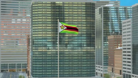 Zimbabwe Flag 3D Render Animation on Pole with Modern Business District Buil Stock Footage 332878918