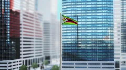 Zimbabwe Flag 3D Render Animation Waving in Front of Modern Glass Buildings  Stock Footage 332957220