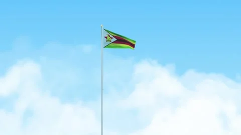Zimbabwe Flag 3D Render Animation Waving on Pole with Blue Sky Stock Footage 333015415