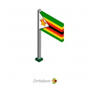 Zimbabwe Flag on Flagpole in Isometric dimension. Stock Illustration