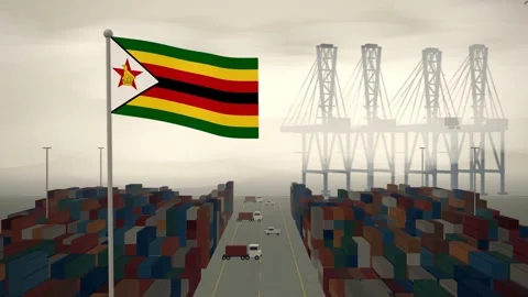 Zimbabwe Flag Flying Over A Container Port Terminal In Morning Haze 動画素材 344409263