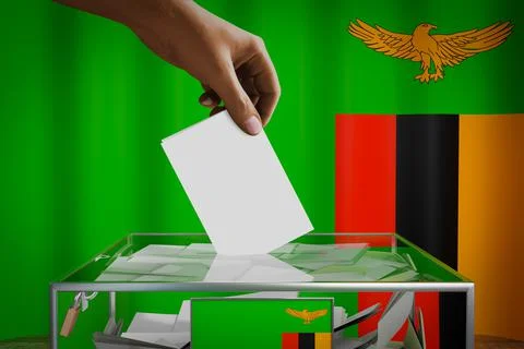 Zimbabwe flag, hand dropping ballot card into a box - voting concept Illustration