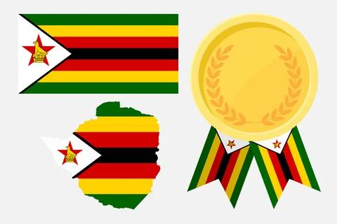Zimbabwe flag with map and gold medal in set for web and banners or app and.. Stock Illustration