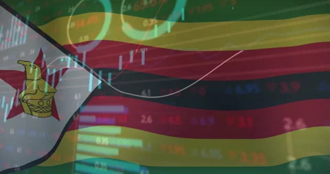 Zimbabwe flag overlaying financial data and stock market graphs with animation Stock Footage 303587062