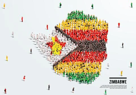Zimbabwe Map and Flag. A large group of people in the Zimbabwe flag color. Stock Illustration