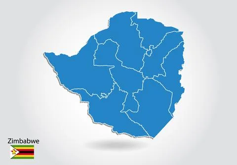 Zimbabwe map design with 3D style. Blue Zimbabwe map and National flag. Simpl Stock Illustration