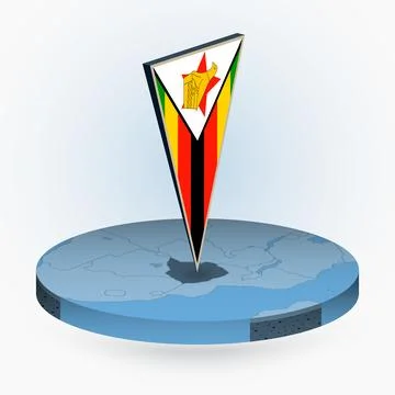 Zimbabwe map in round isometric style with triangular 3D flag of Zimbabwe Stock Illustration