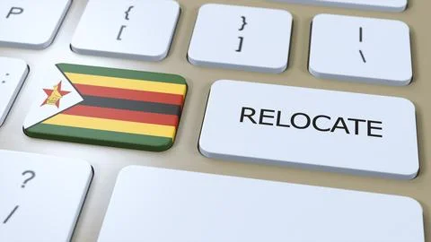 Zimbabwe Relocation Business Concept. 3D Illustration. Country Flag with Te.. Stock Illustration