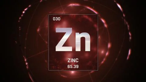 Zinc as Element 30 of the Periodic Table 3D illustration on red background Stock-Illustration