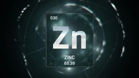 Zinc as Element 30 of the Periodic Table 3D illustration on green background Stock-Illustration