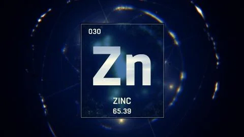 Zinc as Element 30 of the Periodic Table 3D illustration on blue background Stock-Illustration
