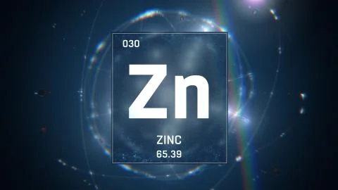 Zinc as Element 30 of the Periodic Table 3D illustration on blue background Stock-Illustration