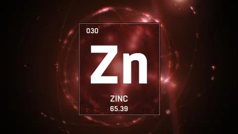 Zinc as Element 30 of the Periodic Table 3D illustration on red background Stock-Illustration