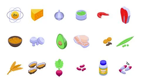 Zinc icons set isometric vector. Mineral supplement Stock Illustration