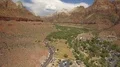 Zion National Park Aerial Shot of Virgin River and Canyon seen from Springdale 4k or 4k+ Resolution