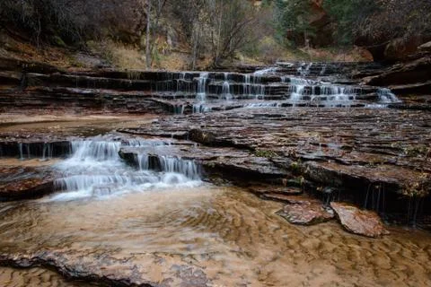 Zion park - waterfall cascades at left fork Stock Photos