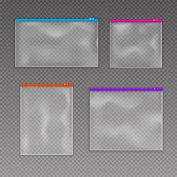 Zip bag. Transparent plastic pouch. Color zipper lock on clean envelope. 3D Stock Illustration