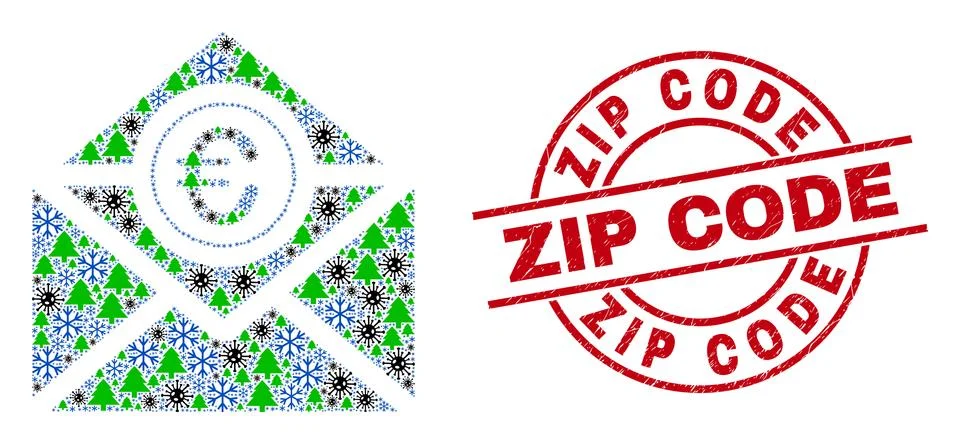 Zip Code Grunge Tag and Euro Mail Composition of Virus Forest Icons イラスト素材