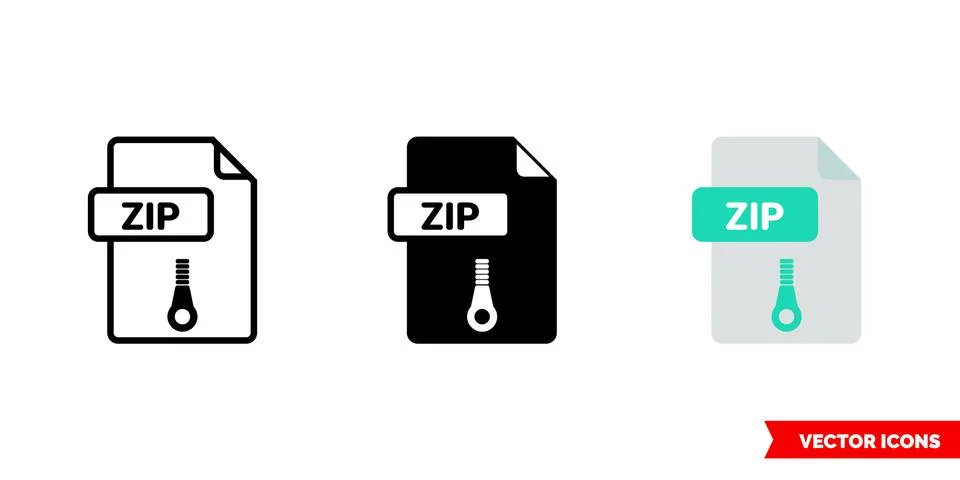 ZIP file icon of 3 types. Isolated vector sign symbol. Stock Illustration