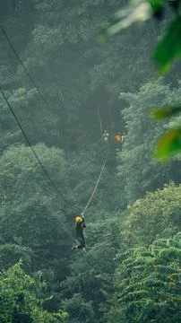 Zip line with green vegetation in the background at Tad Fane Waterfall, Pak.. Stock Photos