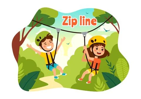 Zip Line Vector Illustration with Visitors Walking on an Obstacle Course an.. Stockillustratie