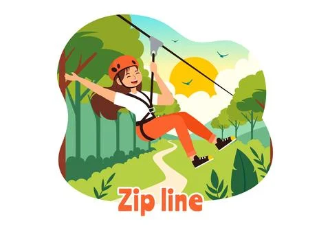 Zip Line Vector Illustration with Visitors Walking on an Obstacle Course an.. Stockillustratie