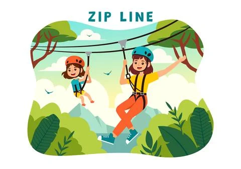 Zip Line Vector Illustration with Visitors Walking on an Obstacle Course an.. Stockillustratie