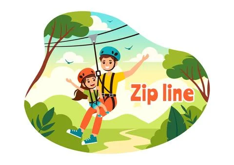 Zip Line Vector Illustration with Visitors Walking on an Obstacle Course an.. Stockillustratie