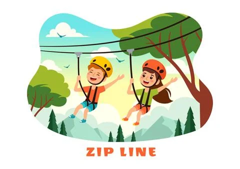 Zip Line Vector Illustration with Visitors Walking on an Obstacle Course an.. Stockillustratie