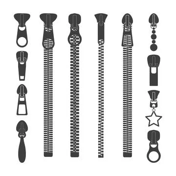 Zip pull icons. Zipper black silhouettes, closed and open zip lock stock Stock Illustration