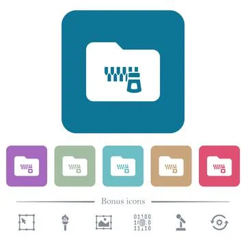 Zipped folder flat icons on color rounded square backgrounds Stock Illustration
