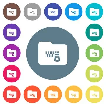 Zipped folder flat white icons on round color backgrounds Stock Illustration