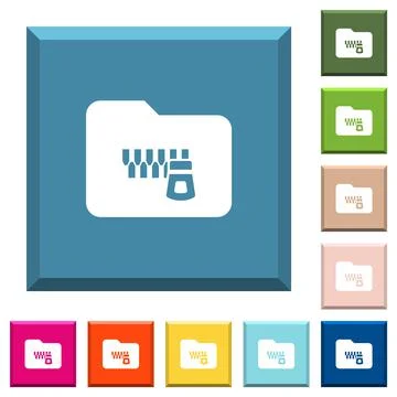 Zipped folder white icons on edged square buttons Stock Illustration